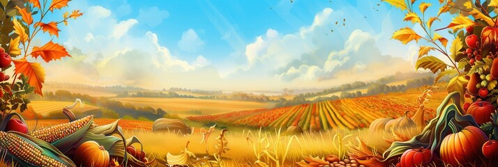 Poster - A vibrant autumn landscape with a bountiful harvest of corn, pumpkins, and apples. The scene is set against a backdrop of rolling hills and a clear blue sky with fluffy clouds.