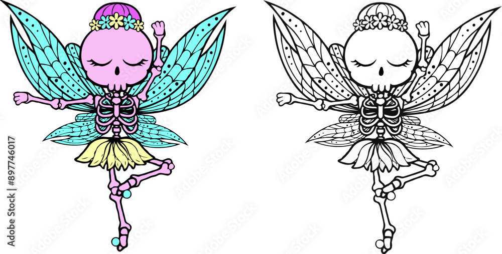 SVG illustration of cute skeleton fairy dancing ballet, halloween ...