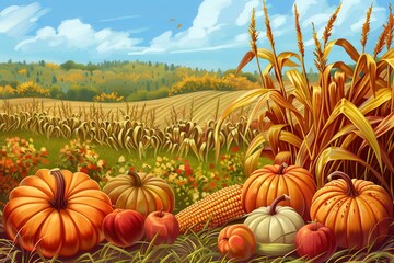 Poster - A field of ripe corn stalks, pumpkins, and apples in a rural landscape.