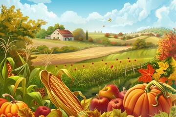 Poster - A charming rural farm with a bountiful autumn harvest of corn, pumpkins, and apples. A cozy farmhouse nestled in the rolling hills