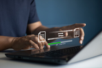 Fototapete - Data Transfer concept. Digital system for transferring documents and files online. File Transfer Protocol (FTP) files receiver and computer backup copy. File sharing isometric. Loading bar on screen.