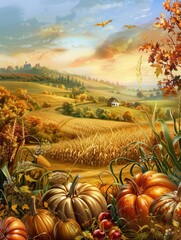 Poster - A bountiful autumn harvest in a rural setting, with golden cornfields, pumpkins, and apples.
