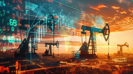 Aufkleber - Silhouetted oil pumps in a field at sunset with a superimposed digital screen displaying financial graphs and numbers, representing rising gas prices.