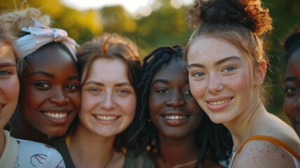 Wall Mural - A diverse group of young women, all smiling warmly and standing closely together