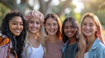 Wall Mural - A diverse group of young women, all smiling warmly and standing closely