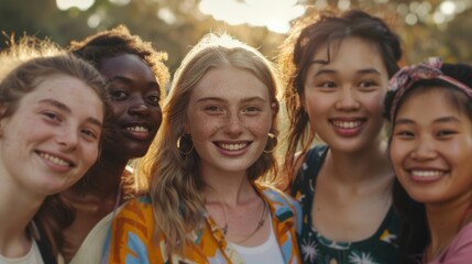 Wall Mural - A diverse group of young women, all standing closely and smiling warmly