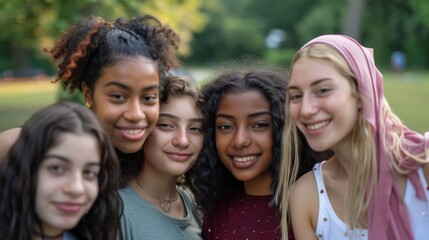 Wall Mural - A diverse group of young women, all standing closely and smiling warmly