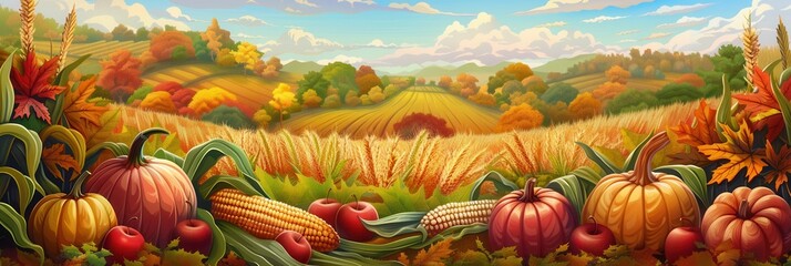 Poster - A picturesque scene of a rural landscape with golden wheat fields in the background, and a bountiful harvest of corn, pumpkins, and apples in the foreground.