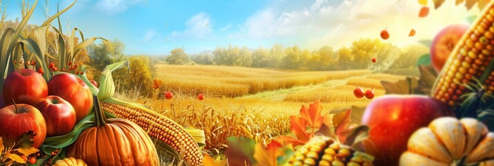 Poster - A field of golden wheat in a rural setting, surrounded by an abundance of autumn harvest including corn, pumpkins, and apples.