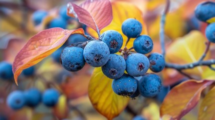 Wall Mural - Close-up of vibrant blue berries with fall foliage. The image captures the essence of autumn with striking contrast. Perfect for nature-related content, seasonal projects, and botanical studies. AI