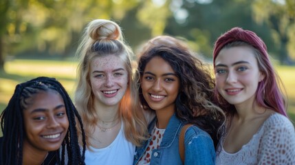 Wall Mural - A friendly group of young women from different races, all smiling and standing closely together