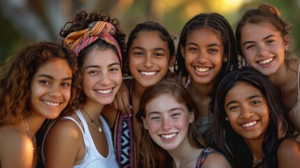 Wall Mural - A group of young women from diverse ethnicities, all smiling and standing closely together