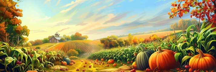 Poster - A picturesque autumn scene in a rural setting with a bountiful harvest of corn, pumpkins, and apples.
