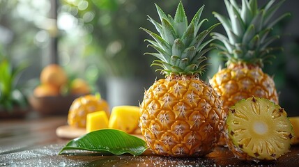 Wall Mural - Fresh Yellow Pineapple Fruit on Wooden Table