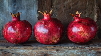 Poster - Three ripe pomegranates with visible seeds rest on a rustic wooden surface.