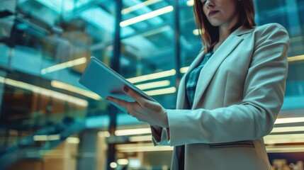 Wall Mural - businesswoman using tablet for digital management in modern office setting