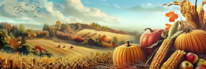 Poster - Golden fields of corn and pumpkins, nestled amidst rolling hills and vibrant autumn foliage, showcase the abundance of nature's bounty.