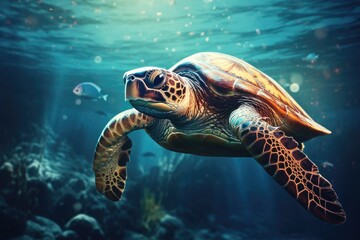 wise and ancient sea turtle swimming in the ocean