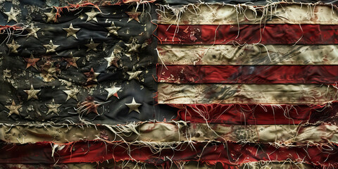 Unraveling Tapestry: A frayed flag, its intricate design unraveling to reveal the threads of America's disintegration.