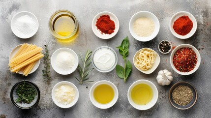 Sticker - Ingredients for pasta with olive oil and spices arranged flat on a gray background