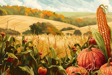 Poster - A picturesque scene of a rural field with a bountiful autumn harvest of corn, pumpkins, and apples, all nestled amongst the golden wheat.