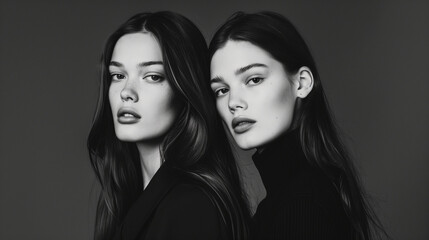 Black and white portrait of two women with long hair against a plain dark background, stylish, beauty