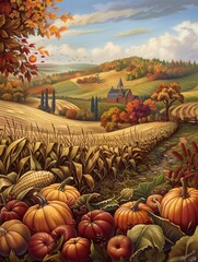 Poster - A bountiful autumn harvest with corn, pumpkins, and apples in a picturesque countryside with a church in the distance.