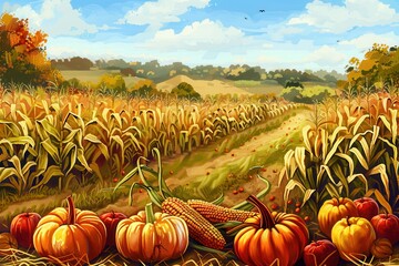 Poster - A rural cornfield in autumn with rows of golden corn stalks, pumpkins, and apples scattered on the ground.
