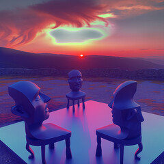 Poster - Sci-fi dinner at sunset, three chairs with human-shaped heads on a light platform 