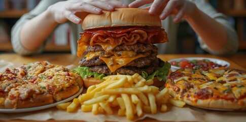 person holding up two different burgers with fries on the tray below, one of them is plant-based burger and other normal chicken sandwich