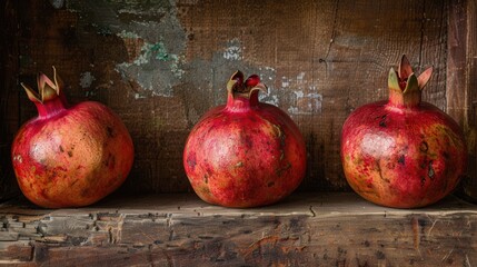 Poster - Three ripe pomegranates on a rustic wooden surface, their red hues and intricate textures stand out against the weathered background