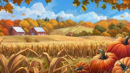 Poster - A farmhouse is surrounded by fields of corn, pumpkins, and apple trees in the picturesque countryside. Bright blue sky, fluffy clouds, and crisp autumn air