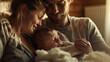 © Bnetto - Family with a newborn in a delicate moment, parents and siblings taking care of the baby at home