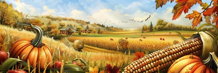 Poster - A picturesque rural scene showcasing a bountiful autumn harvest, featuring golden cornfields, plump pumpkins, and ripe apples.