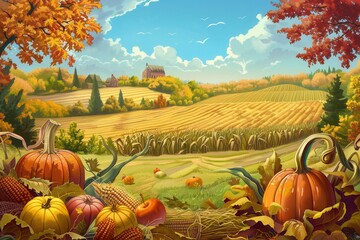Poster - A picturesque autumn landscape showcasing a bountiful harvest of corn, pumpkins, and apples in a rural countryside setting.