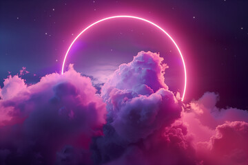 Poster - 3d render, abstract cloud illuminated with neon light ring on dark night sky. Glowing geometric shape, round frame