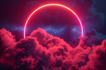 Poster - 3d render, abstract cloud illuminated with neon light ring on dark night sky. Glowing geometric shape, round frame