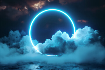 Poster - 3d render, abstract cloud illuminated with neon light ring on dark night sky. Glowing geometric shape, round frame