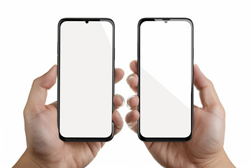 Poster - Hand holding the black smartphone phone with blank screen and modern frameless design in two rotated perspective positions - isolated on white background - Clipping Path