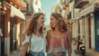 © Marco - couple of happy friends passing through a town. travel concept