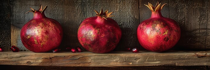 Poster - Three ripe pomegranates with seeds are arranged on a rustic wooden surface. The fruits are positioned in a row, with some seeds scattered on the wood.