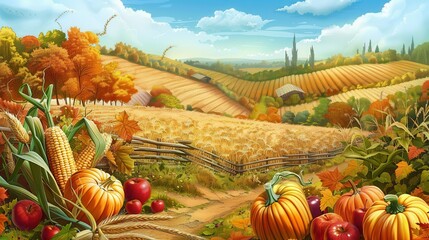 Poster - A bountiful autumn harvest in the countryside, with corn, pumpkins, and apples piled high in front of a wooden fence.