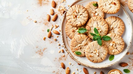 Sticker - Colorful almond cookies on light background with vintage card for holiday food concept