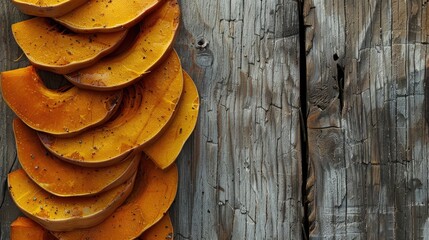 Wall Mural - Butternut squash slices on rustic wood with intentional shading