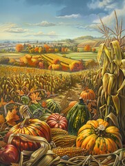 Poster - A path through a cornfield leads to a scene of ripe pumpkins, apples, and corn, all nestled in the autumn leaves.