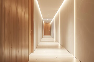 Poster - Interior of modern hotel corridor with white walls, wooden floor and wooden ceiling.