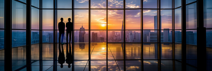 Aufkleber - Two businessmen looking out window at city during sunset