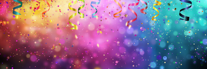 Poster - Colorful streamers hanging over a sparkling defocused background for party or celebration