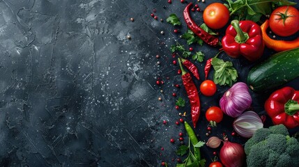 Poster - Fresh farmer vegetables on dark concrete table with space for text