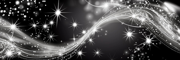 Poster - Abstract black and white background with sparkling stars and swirling lines